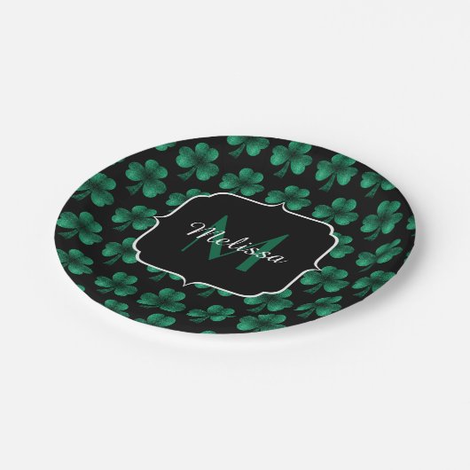Emerald Green Sparkle Shamrock Black Monogram Papieren Bordje (Gekanteld)