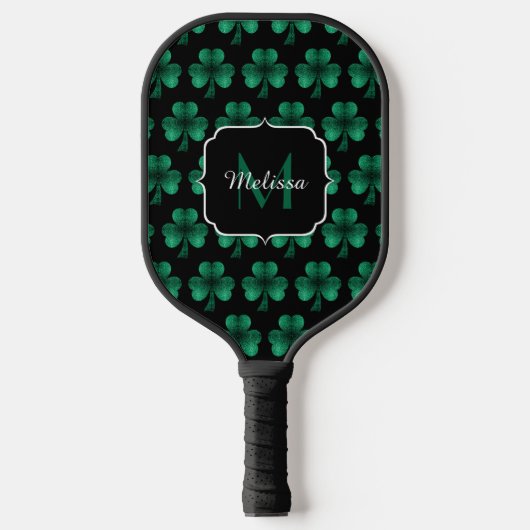 Emerald Green Sparkle Shamrock Black Monogram Pickleball Paddle (Voorkant)