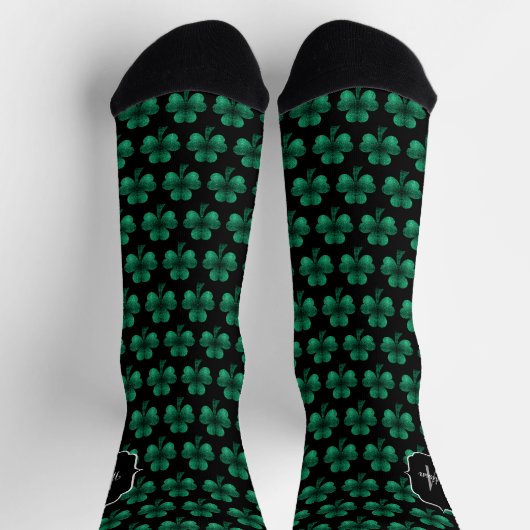 Emerald Green Sparkle Shamrock Black Monogram Sokken (Top)