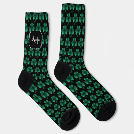 Emerald Green Sparkle Shamrock Black Monogram Sokken (Rechts)