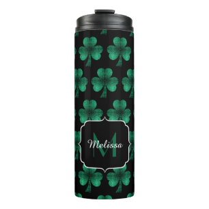 Emerald Green Sparkle Shamrock Black Monogram Thermosbeker