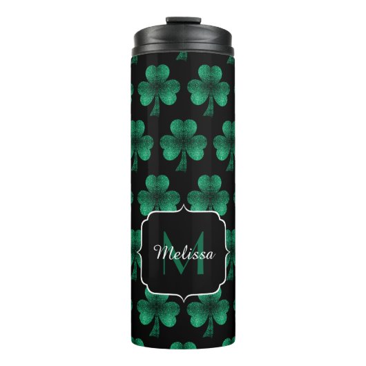 Emerald Green Sparkle Shamrock Black Monogram Thermosbeker (Voorkant)