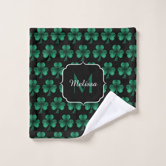 Emerald Green Sparkle Shamrock Black Monogram Washandje (Wasdoekje)