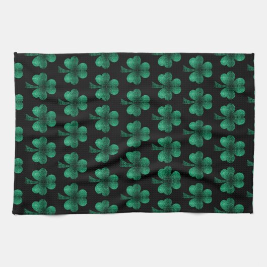 Emerald Green Sparkles Shamrock patroon zwart Theedoek (Horizontaal)