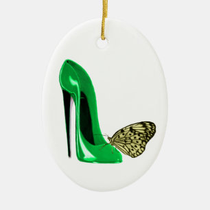 Emerald Green Stiletto Shoe and Yellow Butterfly O Keramisch Ornament