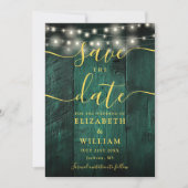 Emerald Green String Lights Hout Foto bruiloft Save The Date (Voorkant)