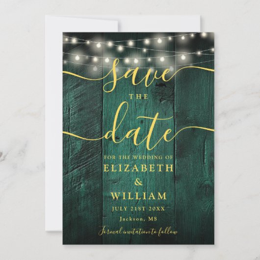 Emerald Green String Lights Hout Foto bruiloft Save The Date (Voorkant)