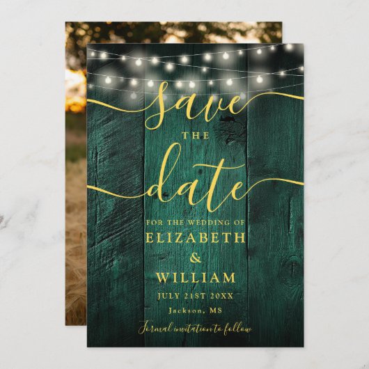 Emerald Green String Lights Hout Foto bruiloft Save The Date (Voorkant / Achterkant)
