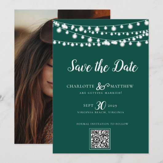 Emerald Green String Lights Modern Script Bewaar d Save The Date (Voorkant / Achterkant)