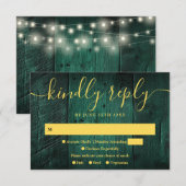Emerald Green String Lights Rustiek Hout Wedding RSVP Kaartje (Voorkant / Achterkant)