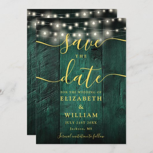 Emerald Green String Lights Rustiek Hout Wedding Save The Date (Voorkant / Achterkant)