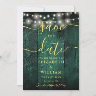 Emerald Green String Lights Rustiek Hout Wedding Save The Date