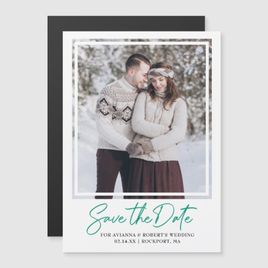 Emerald Green Text en Photo Save the Date Magnetische Uitnodiging (Voorkant / Achterkant)
