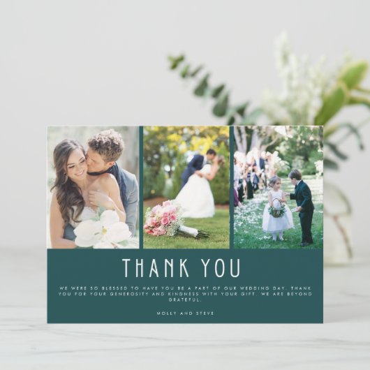 Emerald Green Three Photo Weddenschap Bedankt (Staand voorkant)