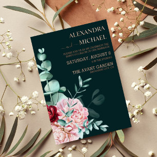 Emerald Green Waterverf Burgundy Flowers Wedding Folie Uitnodiging