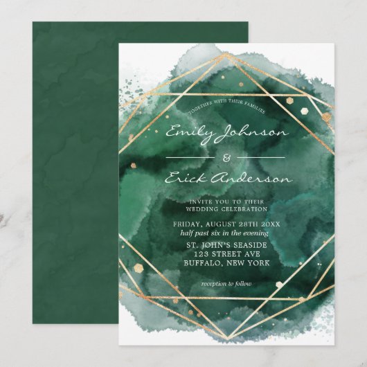 Emerald Green Waterverf Gold Geometric Wedding Kaart (Voorkant / Achterkant)