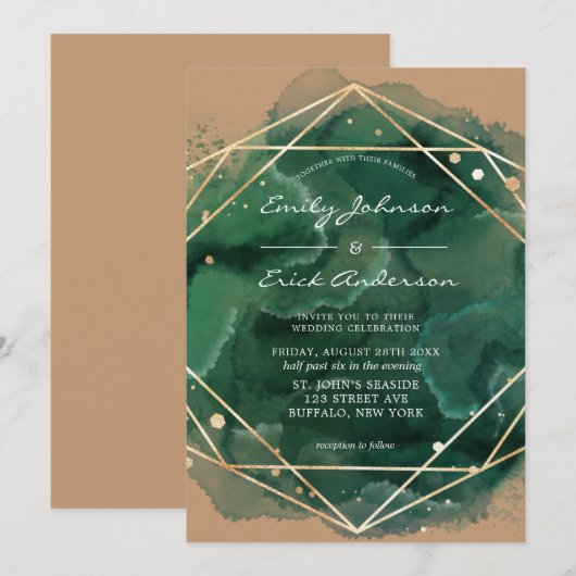 Emerald Green Waterverf Gold Tan Wedding Kaart (Voorkant / Achterkant)