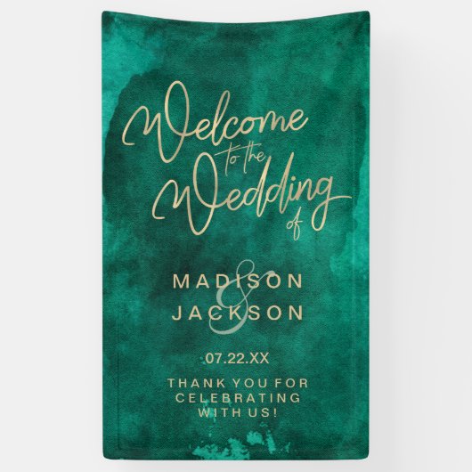 Emerald Green Waterverf & Gold Wedding Welkom Spandoek (Verticaal)