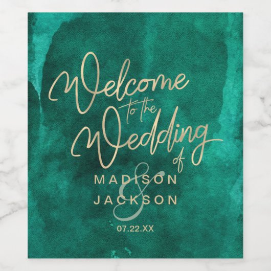 Emerald Green Waterverf & Gold Wedding Welkom Wijn Etiket (Enkel label)
