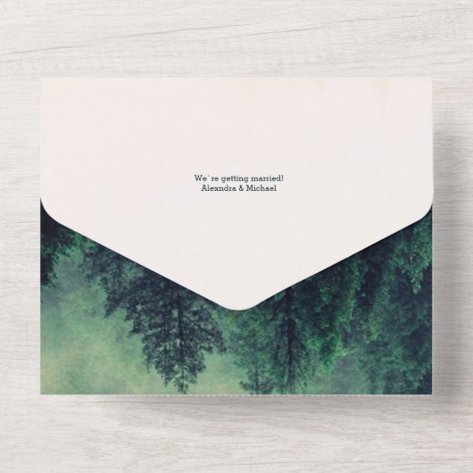 Emerald Green Waterverf Pine Tree Wedding All In One Uitnodiging (Achterkant)