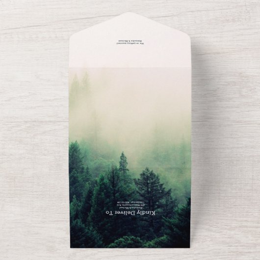 Emerald Green Waterverf Pine Tree Wedding All In One Uitnodiging (Buitenkant)