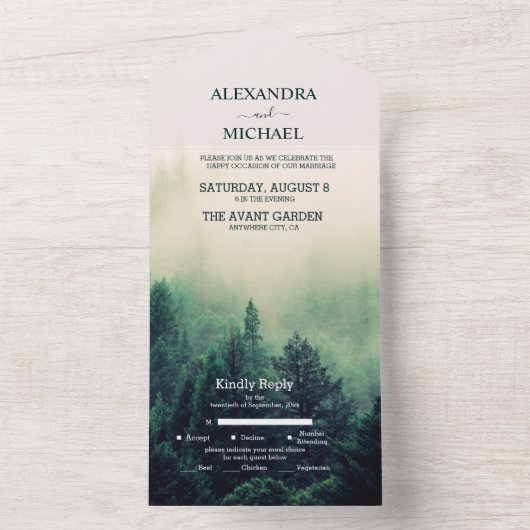 Emerald Green Waterverf Pine Tree Wedding All In One Uitnodiging (Binnen)