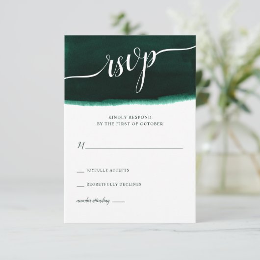 Emerald Green Waterverf Wedding RSVP Kaartje (Staand voorkant)