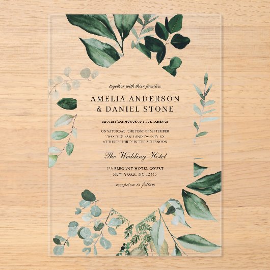 Emerald Green Wedding Eucalyptus Greenery Acryl Uitnodigingen (Voorkant)