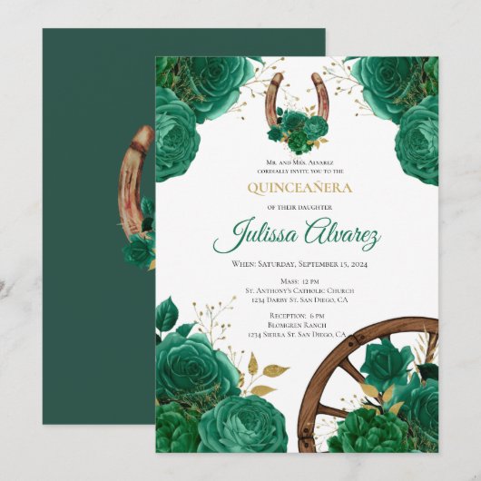 Emerald Green Western Quinceanera Invitation (Devant / Derrière)