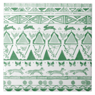 Emerald Green White Ikat Woodland Animal Pattern Tegeltje