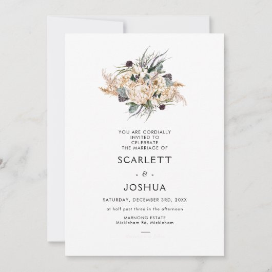 Emerald Green White Protea Pampas Wedding Invitati Kaart (Voorkant)
