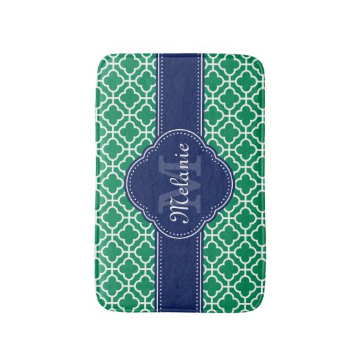 Emerald Green Wht Moroccan Pattern Navy Monogram Badmat (Voorkant Verticaal)