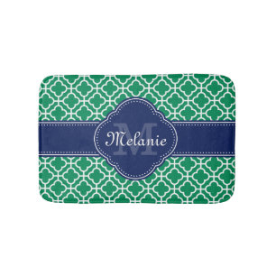 Emerald Green Wht Moroccan Pattern Navy Monogram Badmat