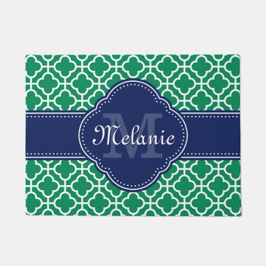 Emerald Green Wht Moroccan Pattern Navy Monogram Deurmat (Voorkant)