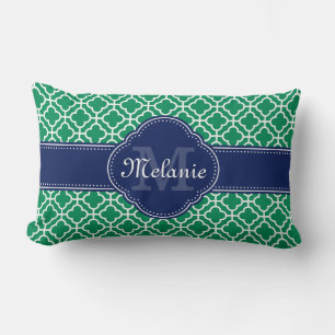 Emerald Green Wht Moroccan Pattern Navy Monogram Kussen