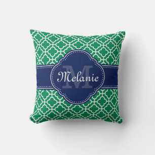 Emerald Green Wht Moroccan Pattern Navy Monogram Kussen