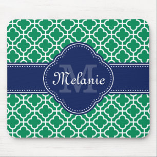 Emerald Green Wht Moroccan Pattern Navy Monogram Muismat