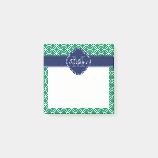 Emerald Green Wht Moroccan Pattern Navy Monogram Post-it® Notes (Voorkant)