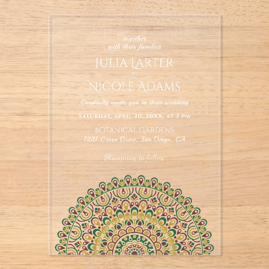 Emerald Green Wild Amazonewoud Mandala bruiloft Acryl Uitnodigingen (Voorkant)