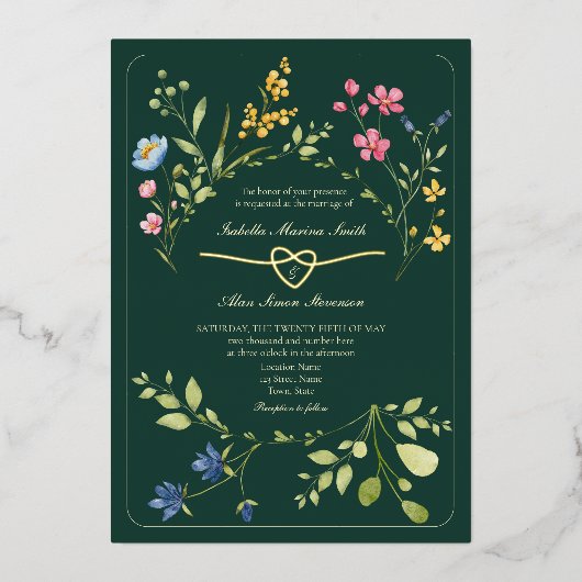 Emerald Green Wildflower Wedding Folie Uitnodiging (Voorkant)
