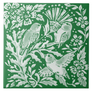 Emerald Green Woodland Bird Intricate Floral Art Tegeltje