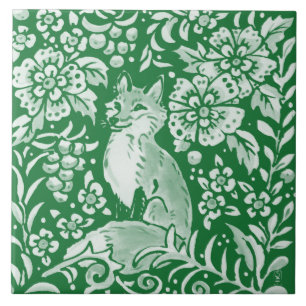 Emerald Green Woodland Cute Fox Intricate Floral Tegeltje