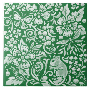 Emerald Green Woodland Garden Mouse Insect Floral Tegeltje