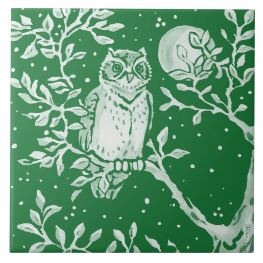 Emerald Green Woodland Owl Tree Moon Night Scene Tegeltje (Voorkant)
