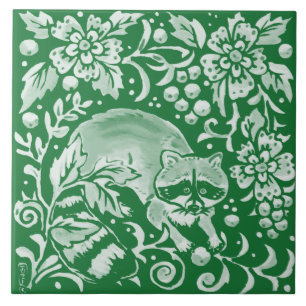 Emerald Green Woodland Raccoon Intricate Floral Tegeltje