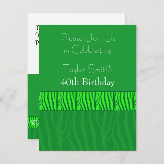 Emerald Green Zebra Pattern Birthday Invitation Kaart (Voorkant / Achterkant)