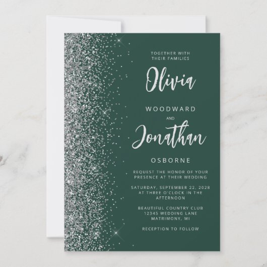 Emerald Green Zilver Glitter Calligrafie Wedding Kaart (Voorkant)