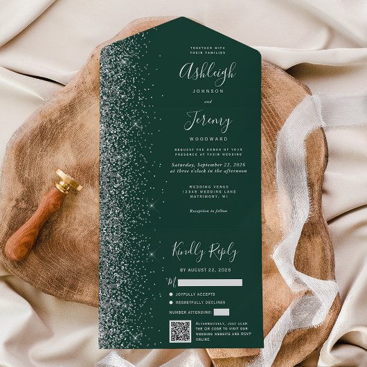 Emerald Green Zilver Glitter QR Code Wedding All In One Uitnodiging