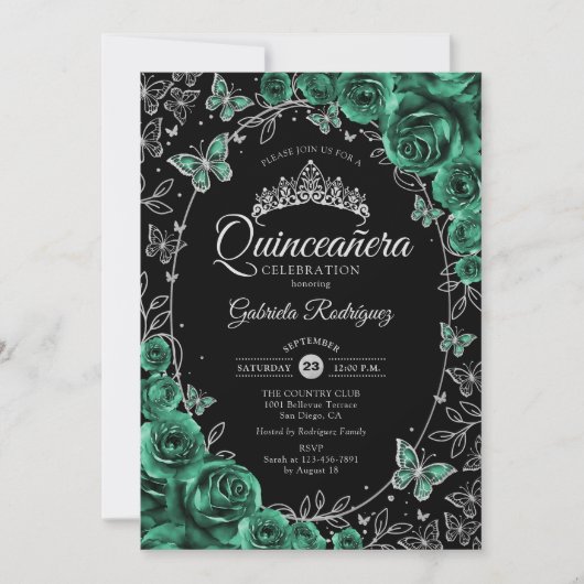 Emerald Green Zilver Zwart Quinceanera Kaart (Voorkant)