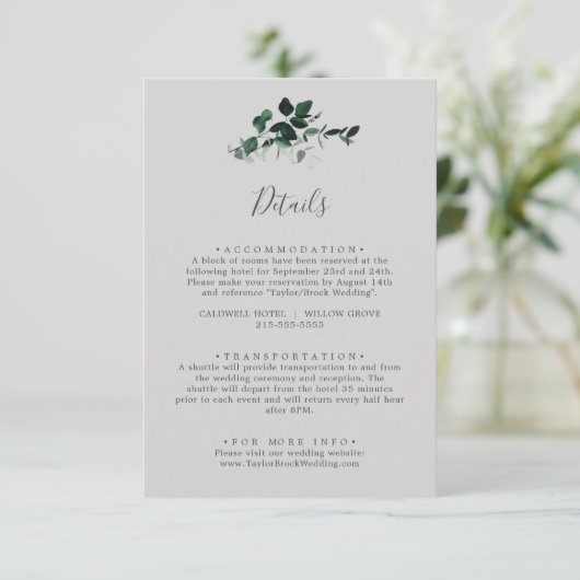 Emerald Greenery | Details grijze bruiloft Informatiekaartje (Staand voorkant)